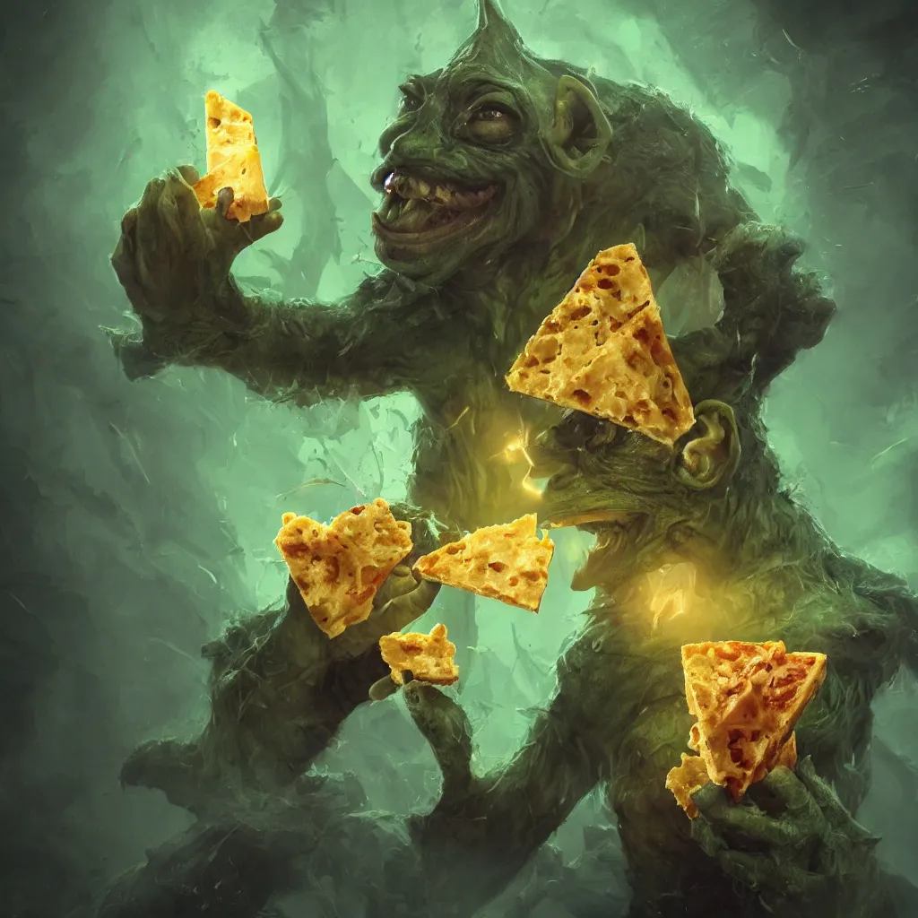 Image similar to Photorealistic fantasy portrait of one single D&D goblin holding a triangle of Swiss Cheese. Ominous green mist in the background. Magical occult photorealism, UHD, amazing depth, glowing, golden ratio, 3D octane cycle unreal engine 5, volumetric lighting, cinematic lighting, cgstation artstation concept art