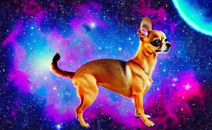 Prompt: Cosmic Chihuahua, colossal cute dog swimming the colorful nebulae, canine galaxy, dog star.