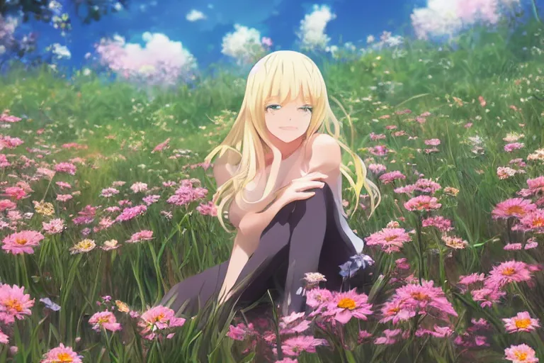 Image similar to beautiful anime blonde girl sitting in a field full of flowers, highly detailed, realistic, dynamic lighting, cinematic, masterpiece, trending on artstation, in the style of studio Ghibli