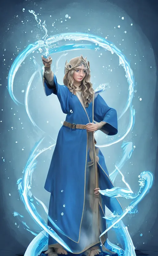 Image similar to elf female sorcerer doing water magic spells, blue robes, exquisite details, full body character design on a white background, by studio muti