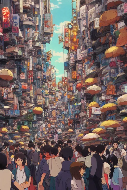 Prompt: Still from Studio Ghibli movie 'Lost in Crowded Tokyo', very detailed, focused, oil painting, colorful, canvas, artstation, Antoine Pierre Mongin