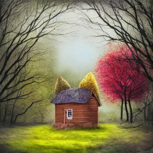 Image similar to small wooden house in the middle of spring forest, bright colours, watercolor, volumetric wool felting, macro photography, children illustration, by lee madgwick