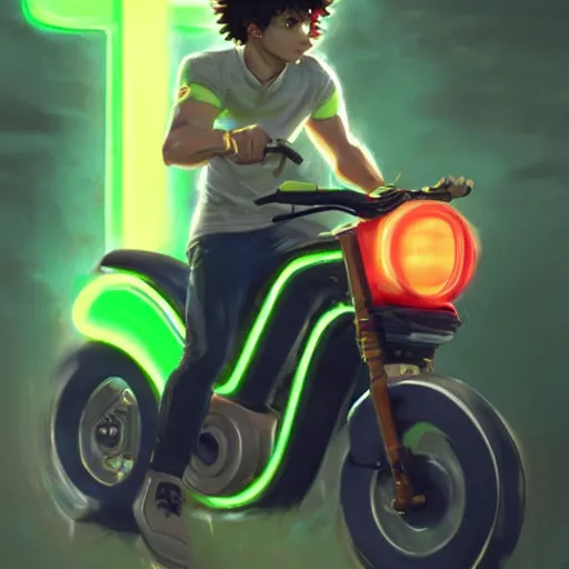 Image similar to realistic Izuku Midoriya riding a neon electric bike, Greg Rutkowski