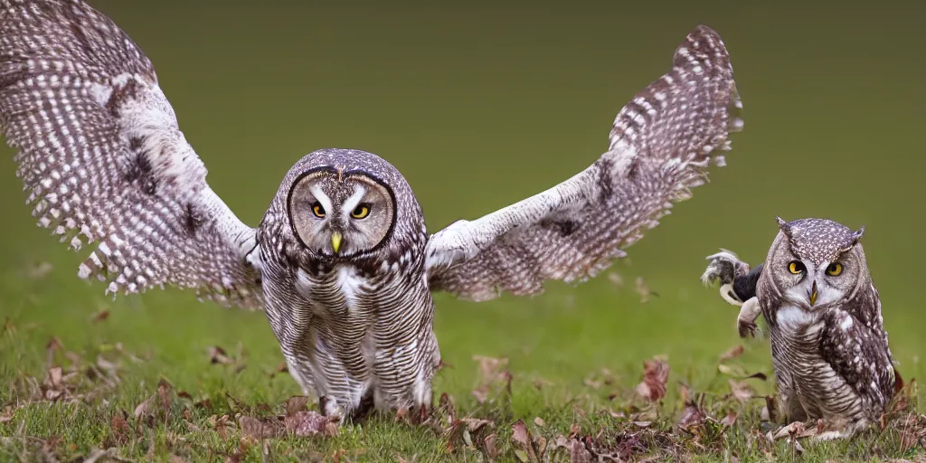 Image similar to scenic photo of an owl catching a mouse. the mouse is covered in blood. focus on the owl's beak and eye. intricate eye. extremely large wings. extreme detail, hyperrealistic photo