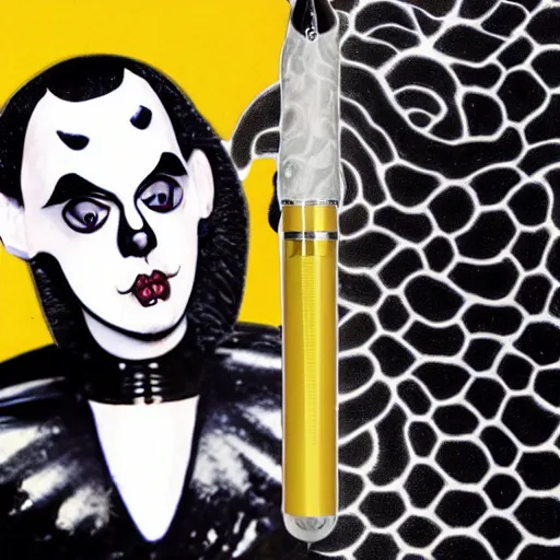 Image similar to a product photo of an ink pen knife by junji ito, ethereal eel in the shape of klaus nomi