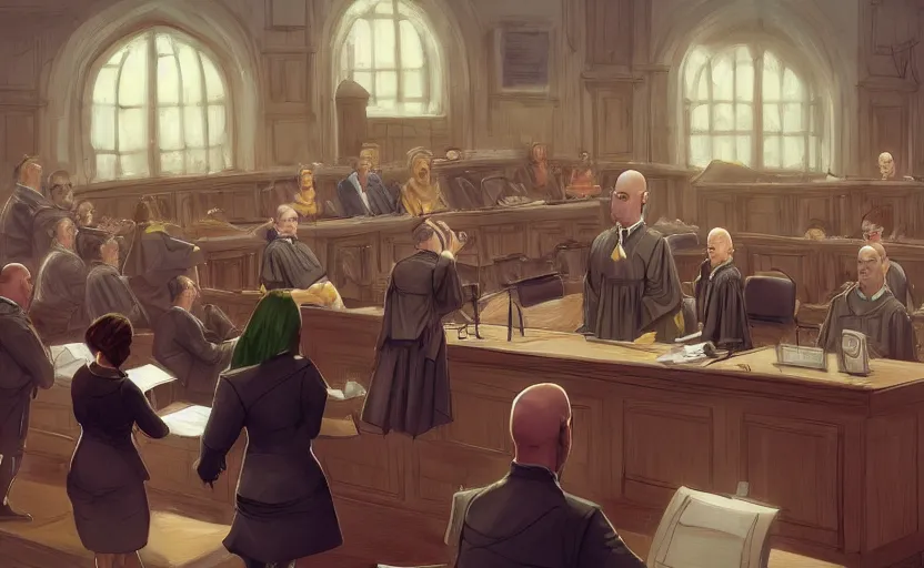 Image similar to courtroom, trial of a bald man! in a skirt! and black stockings!!, no blur, 4 k resolution, ultra detailed, style of marc simonetti, tyler edlin, deviantart