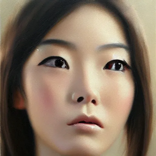 Image similar to perfect, realistic oil painting of close-up japanese girl face, by Sakimichan, by an American professional senior artist, Hollywood concept, dynamic composition and motion, postproduction.