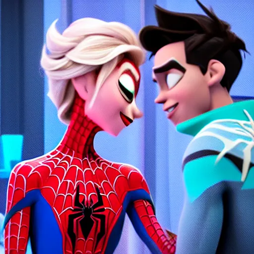 Image similar to spiderman and pregnant elsa talking in the kitchen, into the spider - verse cinematic render, 2 0 1 8 sony animation official media, award winning