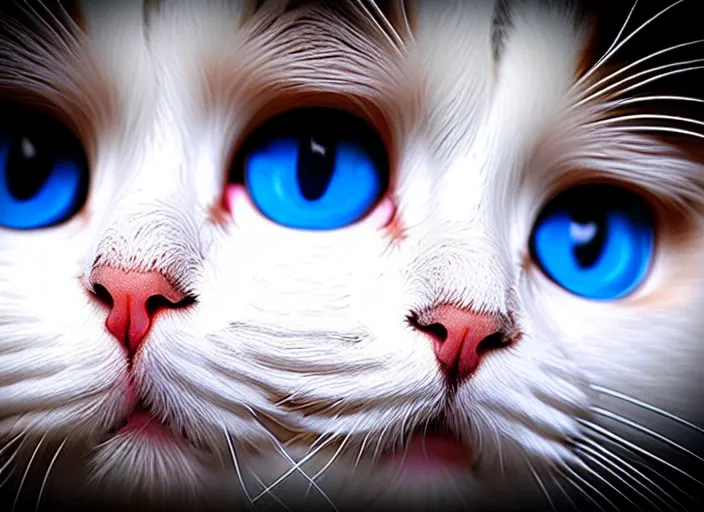 Image similar to a photo of a ragdoll cats face, fisheye lens