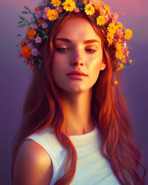 Prompt: beautiful auburn flower goddess portrait by sylvain sarrailh, artstation, radiant halo of light, photorealism