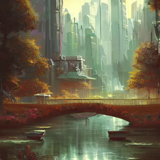 Image similar to Beautiful happy picturesque charming sci-fi city in harmony with nature. Beautiful light. Nice colour scheme, soft warm colour. Beautiful detailed artistic digital painting by Vincent. (2022)