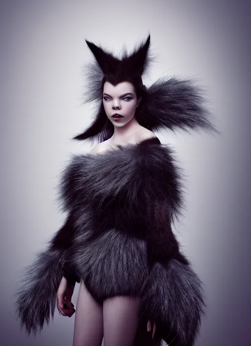 Image similar to full body environmental portrait photo of dressed anya taylor - joy as catgirl, headpiece made from fur, glamour shot by gemmy woud - binnendijk, chris knight, photorealistic, canon r 3, fashion photography, elegant, luxury and elite, symmetry, octane render, unreal engine, solid dark grey background, dramatic lights, high fashion journal cover