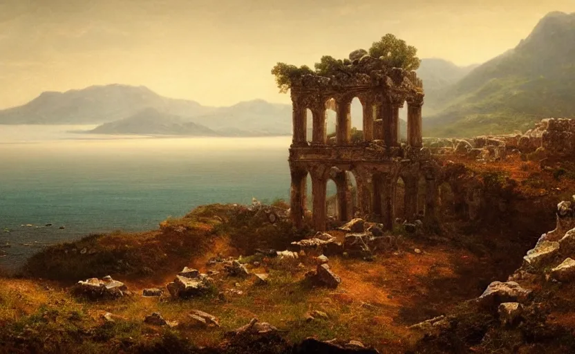 Prompt: ruins on a hill overlooking the ocean, close up shot, at dusk, distant mountains, 4k, rule of thirds, extreme detail, hazy water, intricate ink illustration, trending on artstation, cgsociety, hd, calm, complimentary colours, realistic lighting, by Albert Bierstadt, Frederic Edwin Church.