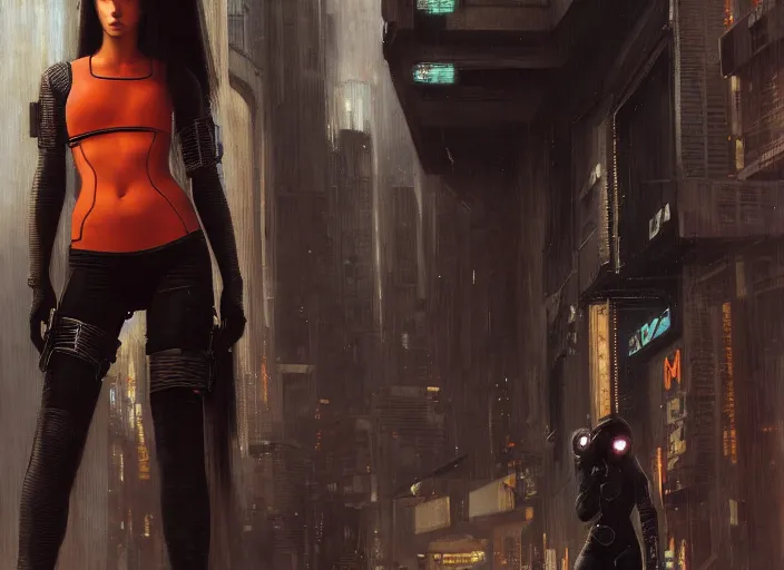 Image similar to Maria. Cyberpunk female hacker wearing stealth suit hiding from police patrol (blade runner 2049, cyberpunk 2077). Orientalist portrait by john william waterhouse and James Gurney and Theodore Ralli and Nasreddine Dinet, oil on canvas. Cinematic, hyper realism, realistic proportions, dramatic lighting, high detail 4k