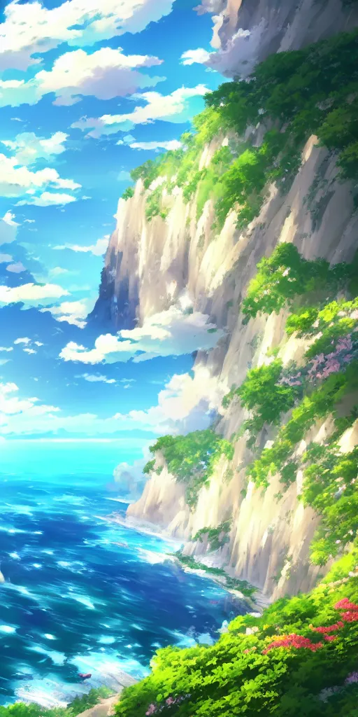 Prompt: A beautiful anime illustration of an ocean coast, cliffs, wildflowers, breathtaking clouds, wide angle, by wu daozi, qiu ying, tang yin, very detailed, deviantart, 4k vertical wallpaper, tropical, colorful, airy, anime illustration, anime nature wallpap