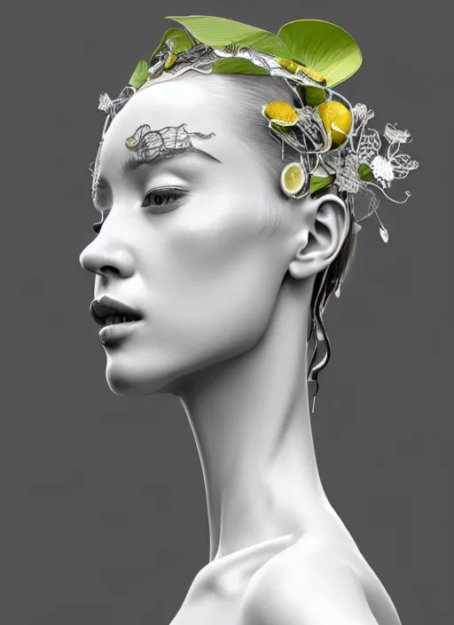 Prompt: complex 3d render ultra detailed of a beautiful porcelain profile young woman face, biomechanical cyborg, 150 mm lens, beautiful studio soft light, rim light, silver white gold details, magnolia big lemon leaves and stems, roots, fine foliage lace, mesh wire, Alexander Mcqueen high fashion haute couture, art nouveau fashion embroidered, steampunk, intricate details, hyper realistic, ultra detailed, mandelbrot fractal, anatomical, facial muscles, cable wires, microchip, elegant, octane render, H.R. Giger style, volumetric lighting, 8k post-production