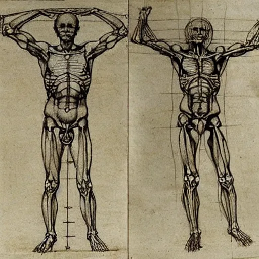 Image similar to full body anatomy sketch by Leonardo da Vinci, the vitruvian man style, highly detailed, asymmetrical, right half skeleton