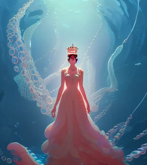 Image similar to portrait of a beautiful queen of the ocean with coral jewelry in complex and shiny dress made by jellyfish, by ross tran and atey ghailan, by greg rutkowski, by greg tocchini, by james gilleard, by joe fenton, by kaethe butcher, dynamic lighting, grunge aesthetic