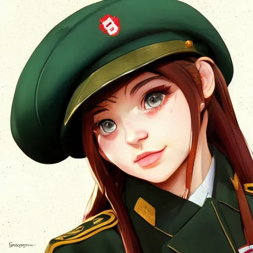 Prompt: portrait bust of young woman with long light brown hair and hazel eyes dressed in a sharp dark teal military uniform with beret, smiling, ilya kuvshinov, anime, loish, ross tran