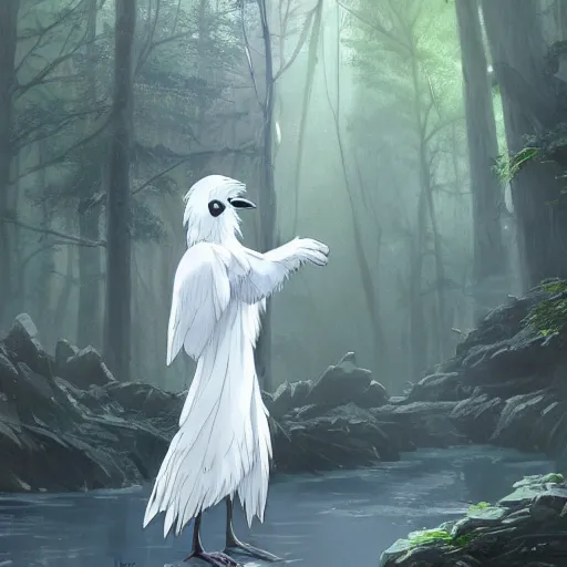 Image similar to concept art painting of an anthropomorphic humanoid white raven wearing dark blue robes, in the deep forest, realistic, detailed, cel shaded, in the style of makoto shinkai and greg rutkowski and james gurney