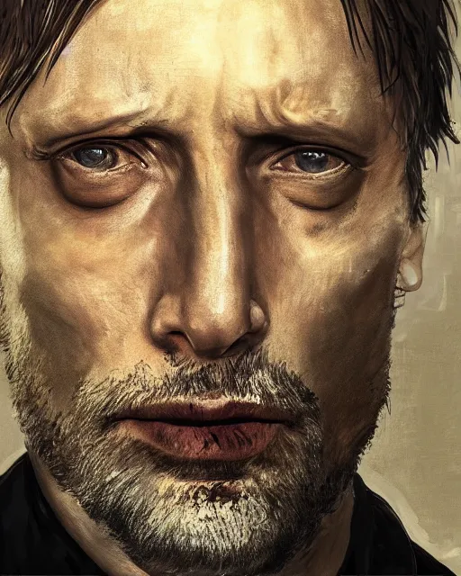 Image similar to mads mikkelson as clifford unger from death stranding, tears of tar, mysterious portrait, oil painting, black background