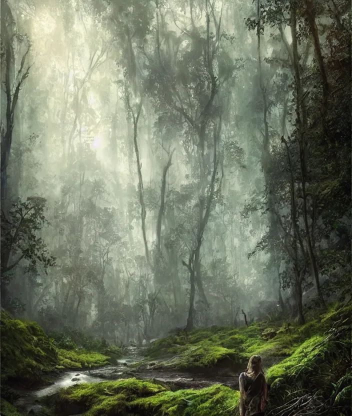 Image similar to most epic landscape, epic cinematic hyperrealism masterpiece. realistic poster with shaded lighting by craig mallismo, artgerm, jeremy lipkin and michael garmash, unreal engine, radiant light, detailed and complex environment, digital art, art station trends, environmental portrait, low angle, 3 5 mm, forest path, jungle, misty, moss, vines, fern