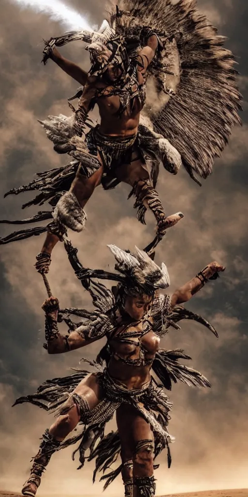 Image similar to fighting in air shaman tribeswoman, destroyed armor parts fly away, inspired by monster hunter, low shot, muscular body, symmetrical face, clean face, subtle make up, destruction around her, frozen time,dramatic lighting, cinematic, establishing shot, extremely high detail, photorealistic, 300 the movie,monster hunter the movie, dune the movie, cinematic lighting, artstation, octane render, western,old photo, vintage