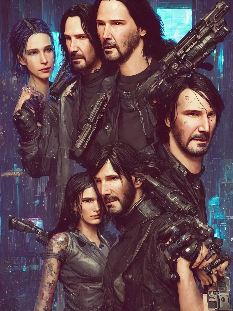 Image similar to a cyberpunk 2077 wedding couple portrait of Keanu Reeves as Johnny Silverhand and V in love story,pray,hug,hold,kiss,film lighting,by Lawrence Alma-Tadema,Andrei Riabovitchev,Laurie Greasley,Dan Mumford, John Wick,Speed,Replicas,artstation,deviantart,FAN ART,full of color,Digital painting,face enhance,highly detailed,8K,octane,golden ratio,cinematic lighting