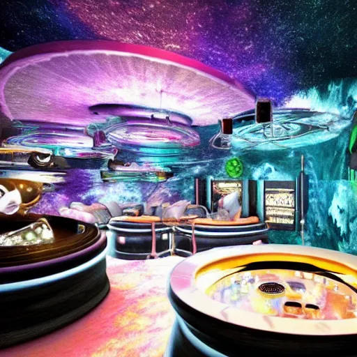 Image similar to space punk nightclub on an asteroid orbiting saturn with an indoor aquarium and bar