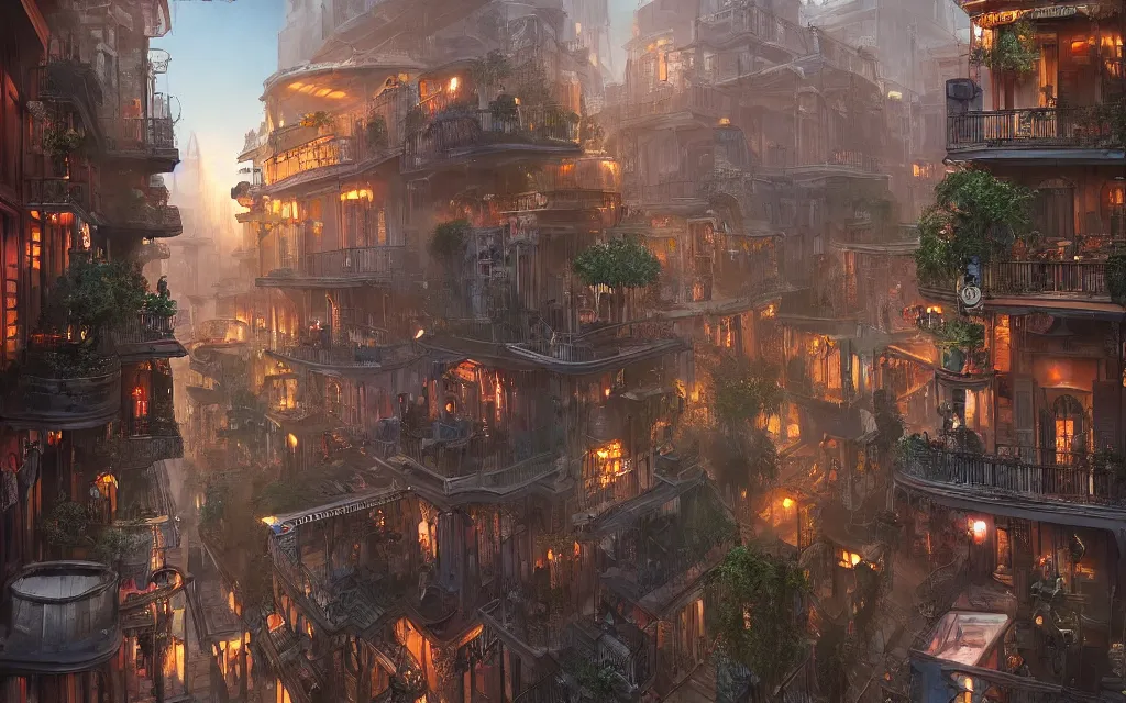 Image similar to a beautiful digital matte painting of futuristic steampunk french quarter, new orleans, by eddie mendoza and david lozeau and franklin booth and laurie greasley, detailed, artstation, plants on balconies, musicians, smooth, 8 k