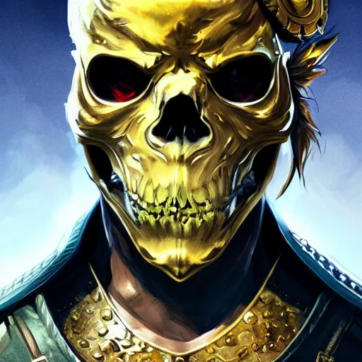 Image similar to a golden wolf skull face warrior with emeralds in his forehead, Apex Legends character digital illustration portrait design, by android jones, detailed, cinematic lighting, wide angle action dynamic portrait