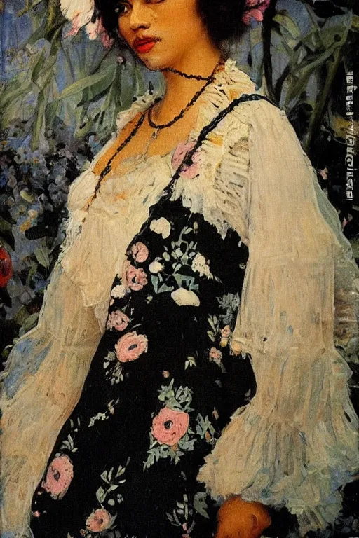 Image similar to close - up fashion black woman portrait airy flowers clouds art by vasnetsov