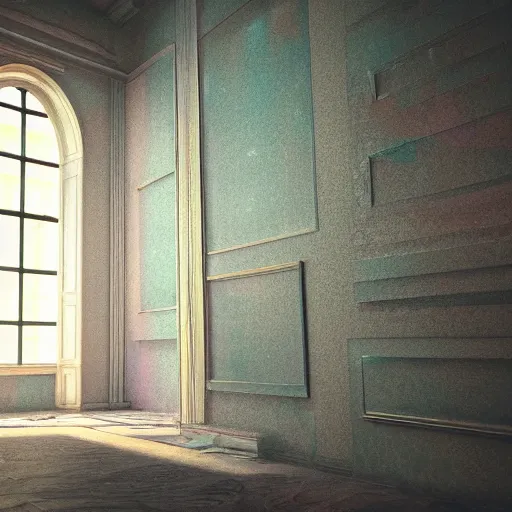 Image similar to vaporwave mansion, liminal space, high detail, rendered in unreal engine, 3d render, god rays, volumetric lighting, large windows