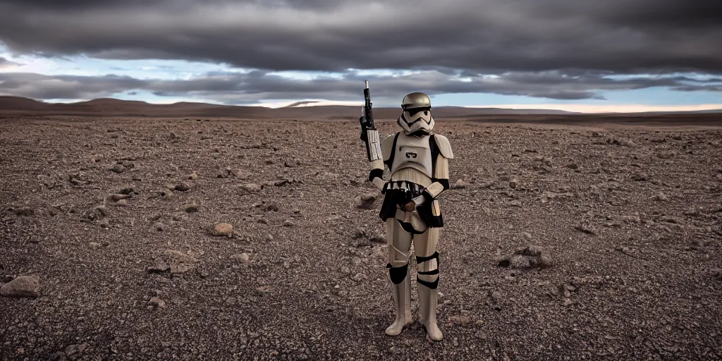 Prompt: scout trooper holding a lightsaber, icelandic desert, cinematic, underexposed, cinematography by greig fraser