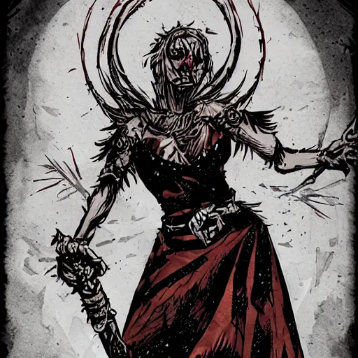 Prompt: Malenia, Goddess of Rot in the style of darkest dungeon realistic
