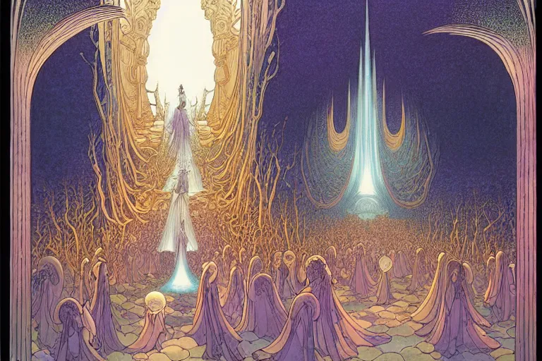 Prompt: a delicate unsymmetrical mtg illustration by charles vess, rebecca guay and kawase hasui of a large group of people entering the glowing doorway of a massive vulva - shaped temple constructed of carved iridescent pearls and house - sized crystals of smooth and organic architecture floating in the astral plane