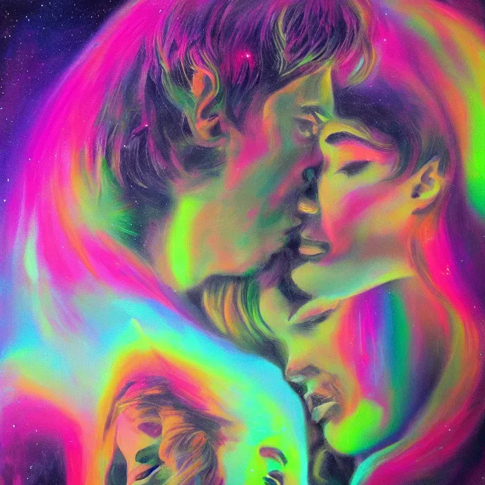 Prompt: close portrait of woman and man kissing. aurora borealis. iridescent, vivid psychedelic colors. painting by leon spillaert