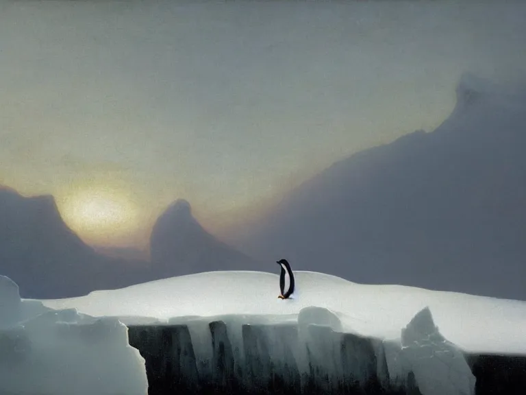 Image similar to an oil painting of a penguin playing in pure white snow on a misty iceberg at dusk. aurora. by tuomas korpi moebius and carl spitzweg. baroque elements. intricate artwork by caravaggio. oil painting. oil on canvas. award winning. dramatic. trending on artstation. 8 k