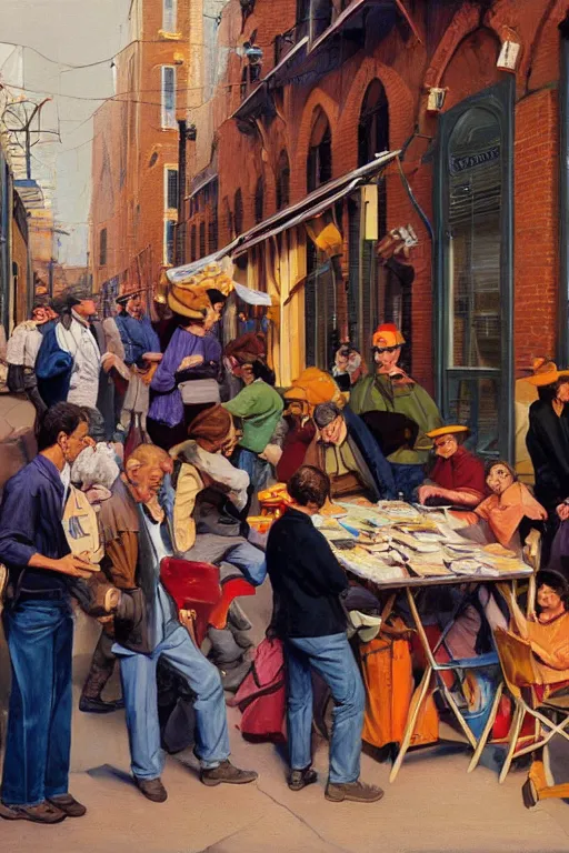 Prompt: a group of people trading art in a city alley, an ultrafine detailed painting by john philip falter, shutterstock, american scene painting, movie still, concert poster, poster art