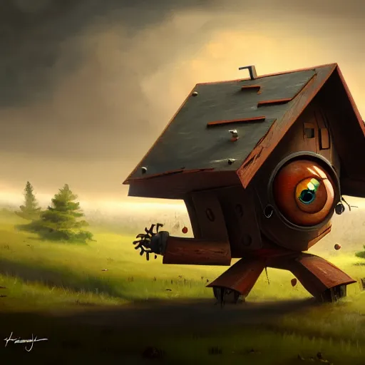 Image similar to a walking wood and metal house with two legs and two big eyes, rust, hyperrealistic, highly detailed, cinematic, single ray of sun, morning, pareidolia, gravity falls style, beautiful, cgssociety, artstation, 8 k, oil painting, digital art