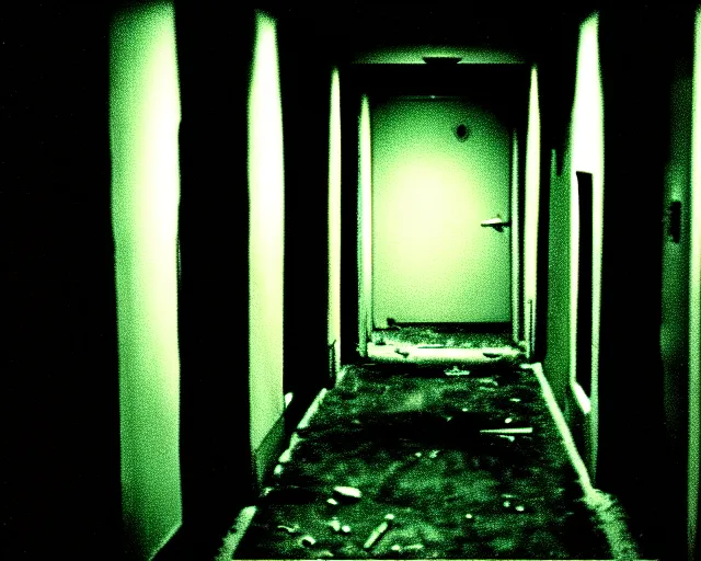 Image similar to dark abandoned hallway at night with eldritch horror, letterboxing, widescreen, 40mm tape, technicolour film, grainy, horror