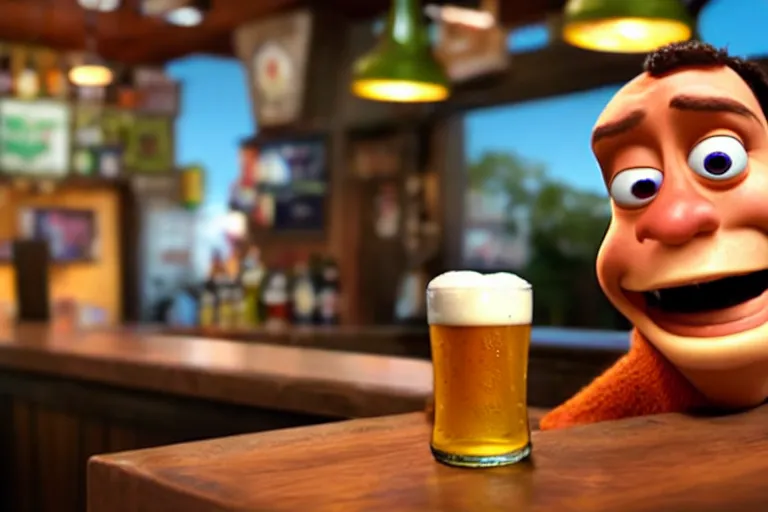 Image similar to a anthropomorphic pint of beer, pixar, who is a customer, waits to be served by a bartender,