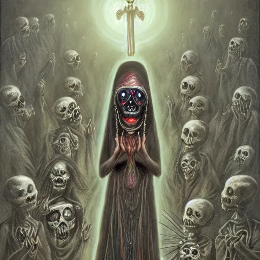 Image similar to santa muerte being awakened by a mexican death cult through a ritual, by anton semenov and amanda sage and guillermo del torro in a surreal dark horror style, oil on canvas, 8k, hd,