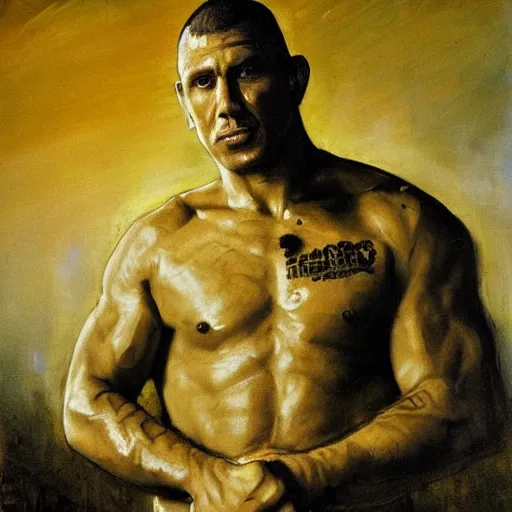 Prompt: royler gracie by rembrandt, intricate, ultra detailed painting, atmospheric lighting, golden hour