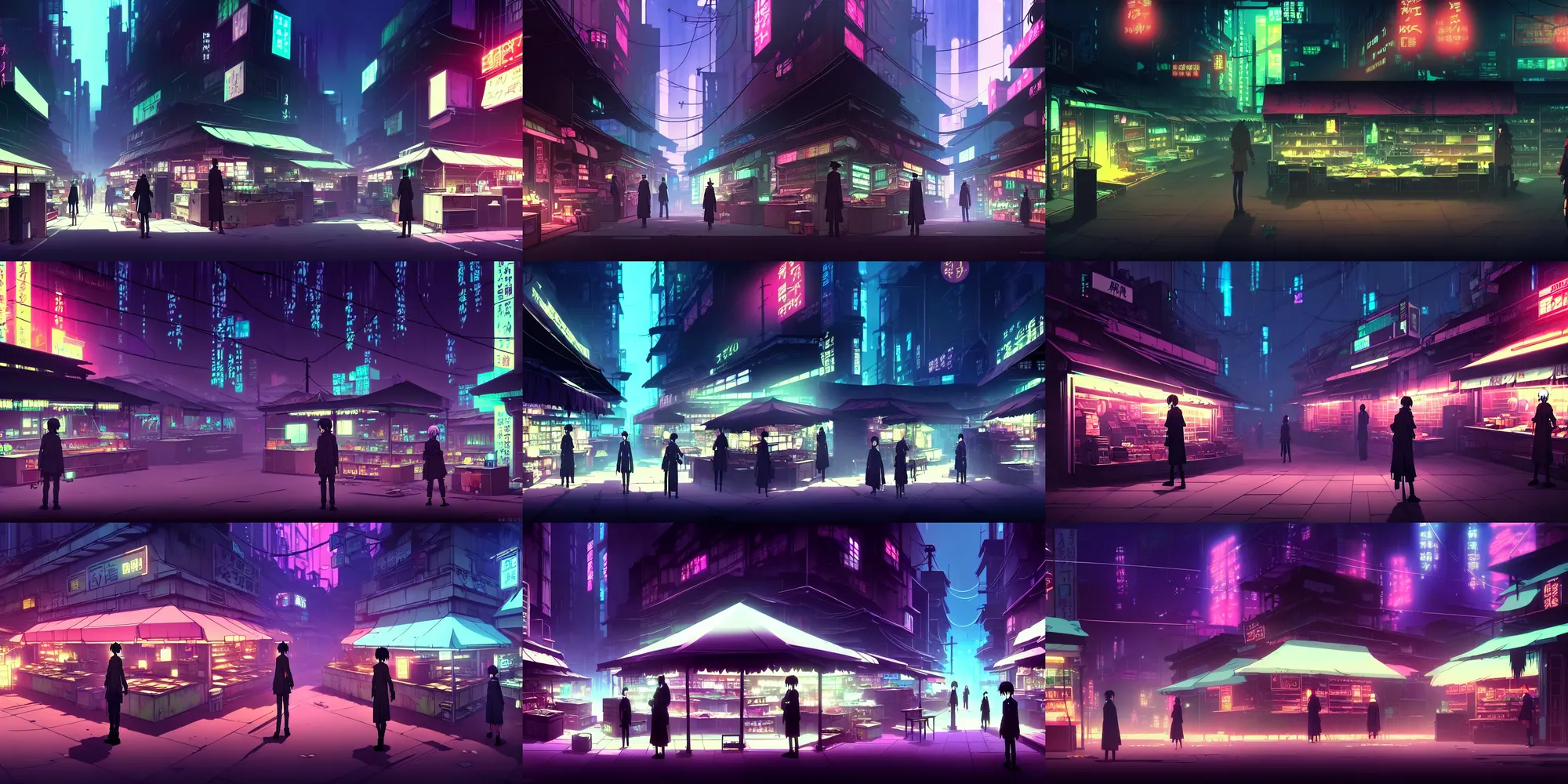 Prompt: an atmospheric cyberpunk neon noir noir background art of a small marketplace in the anime film, by Shichiro Kobayashi, in the series ergo proxy, by makoto shinkai, hazy and dreary