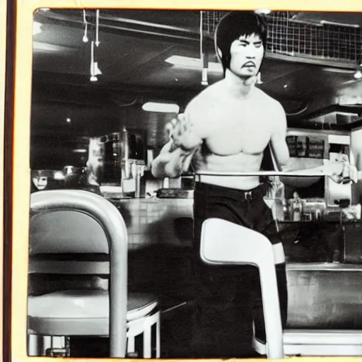 Image similar to 8 k vintage portrait photograph of bruce lee standing inside of a detailed and busy wafflehouse