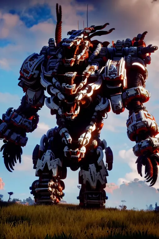 Image similar to a cinematic still from horizon zero dawn, mech warrior, decipticon armor plating, octane render, nvidia raytracing demo, masterpiece, aged armor plating, aggressive head,