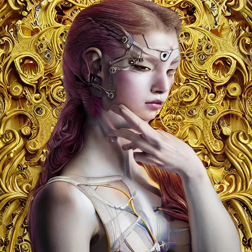 Image similar to a masterpiece hyper detailed portrait of a beautiful evil girl - cyborg baroque renaissance. rainbow color scheme. medium shot, intricate, elegant, highly detailed, by stanley artgerm lau, wlop, rossdraws, james jean, andrei riabovitchev, marc simonetti, background by james jean and gustav klimt, light by julie bell, porcelain skin.