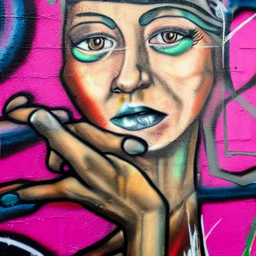 Prompt: Graffiti of a realistic portrait of a woman