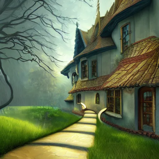 Image similar to house fairytale, path in curve shape leading to the house, oil painting, hd, 8 k, trending artstation,